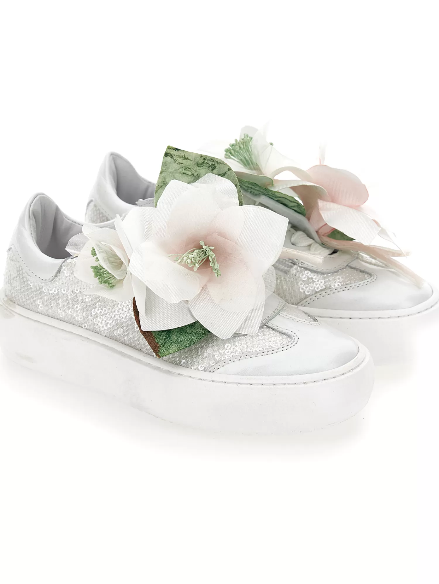 Monnalisa Sneakers pelle e paillettes con magnolia